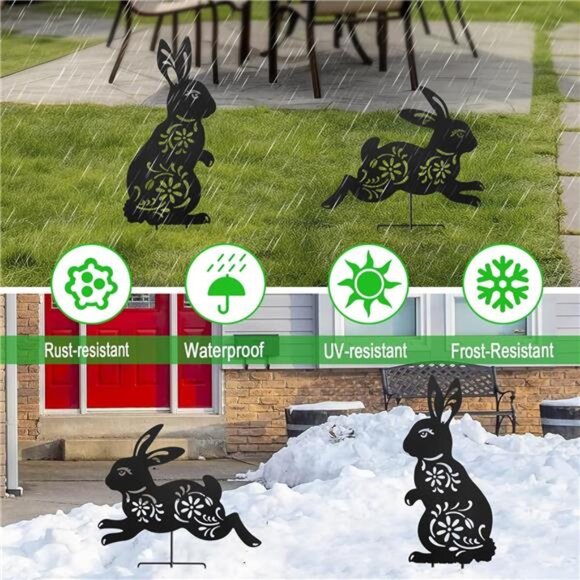 Outdoor Bunny Garden Decor,Set of 2 Metal Rabbit Yard Stakes,Easter Silhouette - Picture 4 of 7